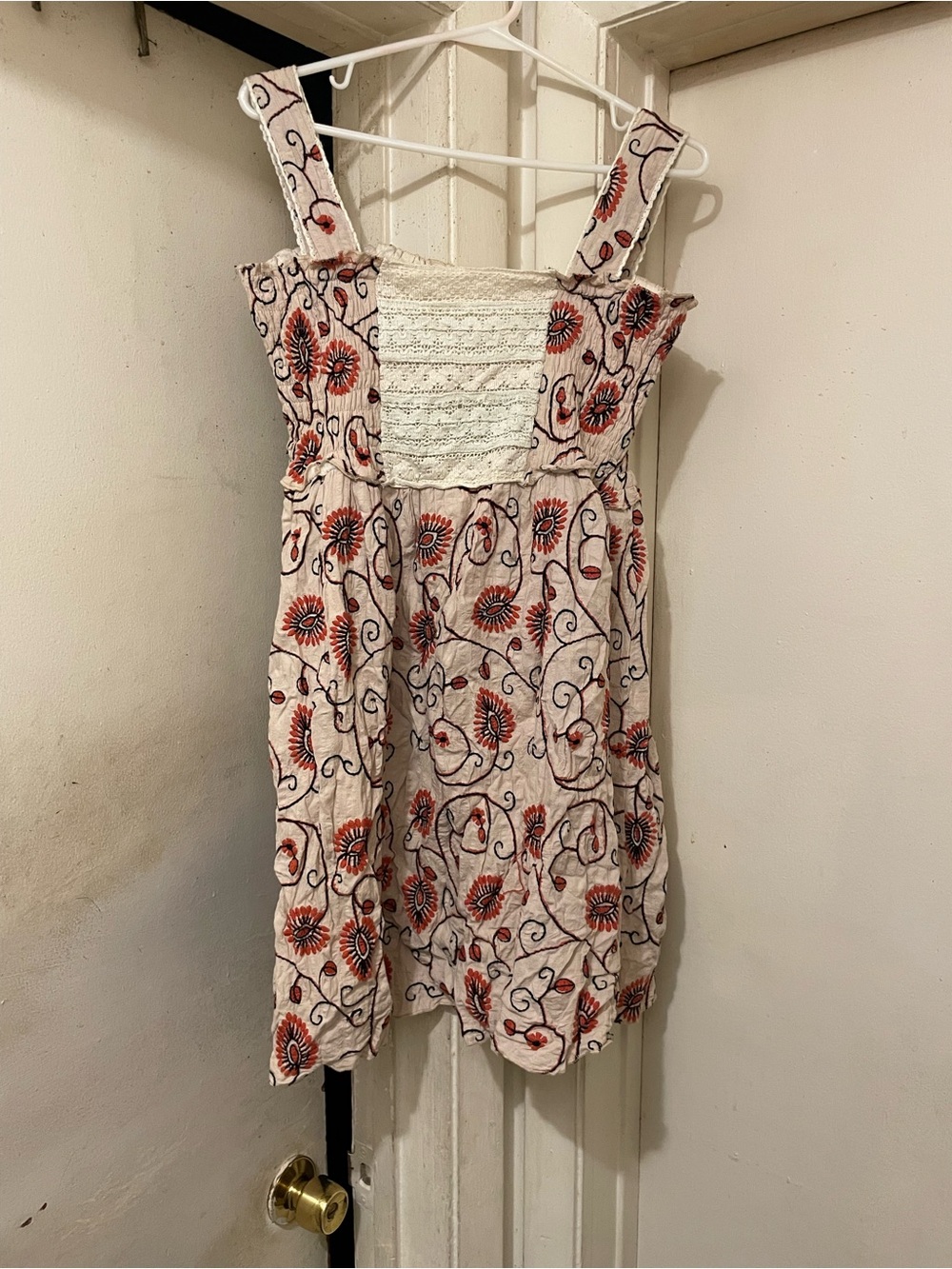 Boho Floral Embroidered Sleeveless Mini Dress Smocked Bodice Women’s Medium